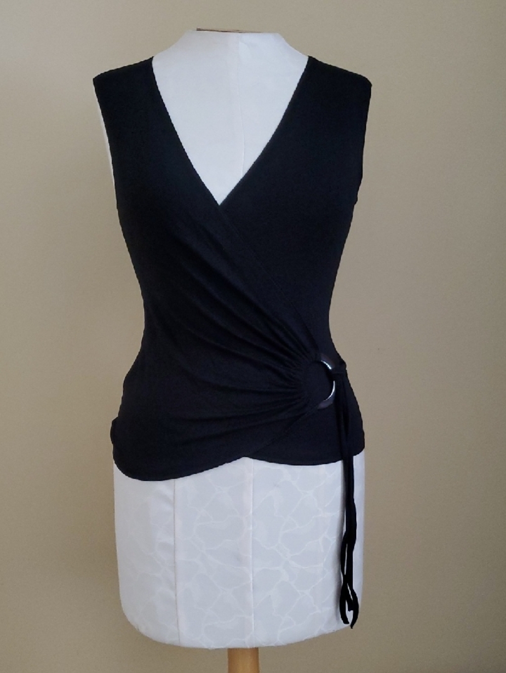 Jo's Mercury Sleeveless Black Wrap Top with Metal Ring Tie